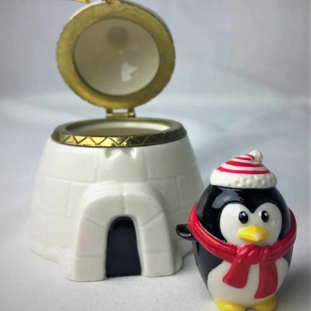 Igloo with Penguin Porcelain Hinged Trinket Box Christmas Ornament